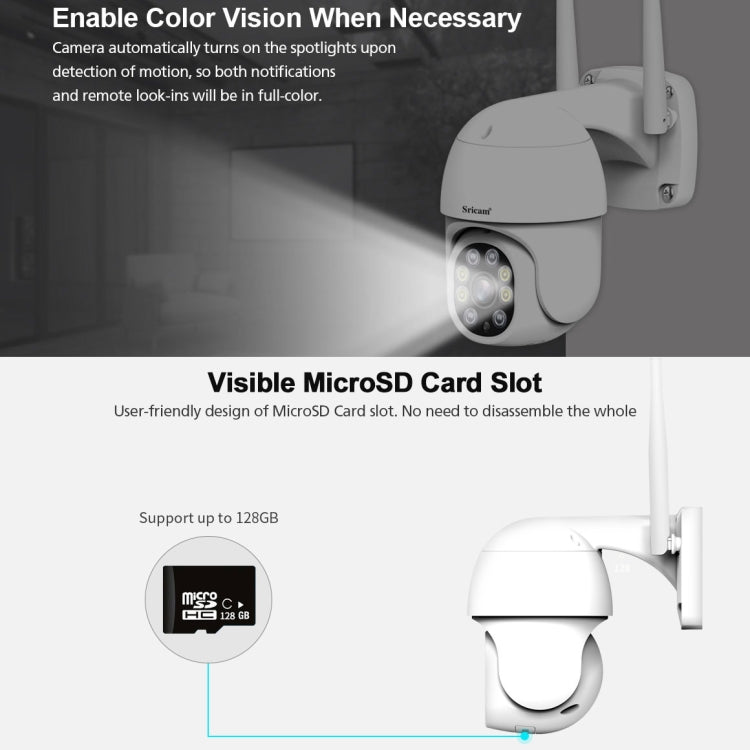 Sricam SP028 1080P HD Outdoor PTZ Camera, Support Two Way Audio / Motion Detection / Humanoid Detection / Color Night Vision / TF Card, US Plug Sricam SP028 1080P HD Outdoor PTZ Camera, Support Two Way Audio / Motion Detection / Humanoid Detection / Color Night Vision / TF Card, US Plug